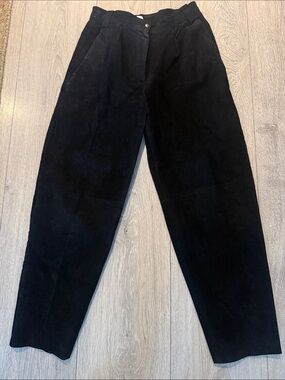 Vintage Women Black Suede Leather Lined High Waist Pleat Front Pants Size 13/14
